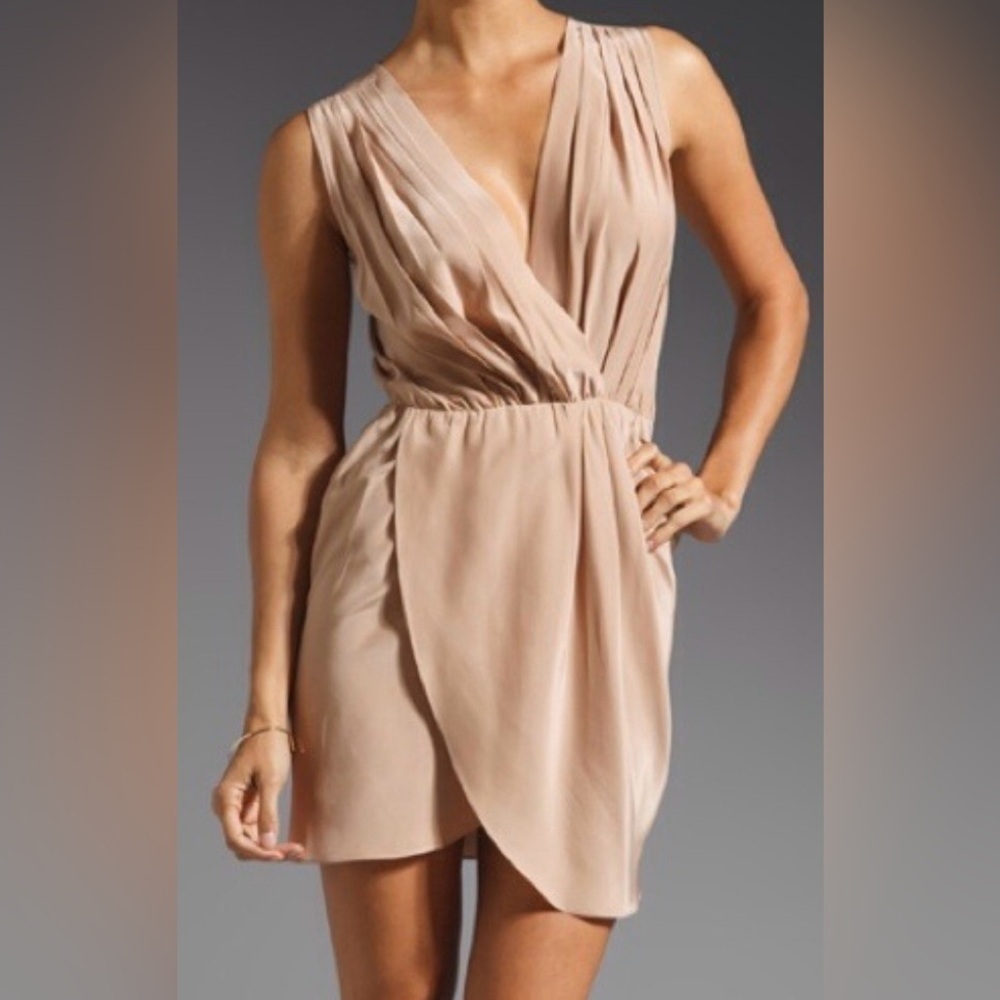 Amanda Uprichard Champagne Tan Silk Faux Wrap Mini Dress Sexy Glam Party Medium
